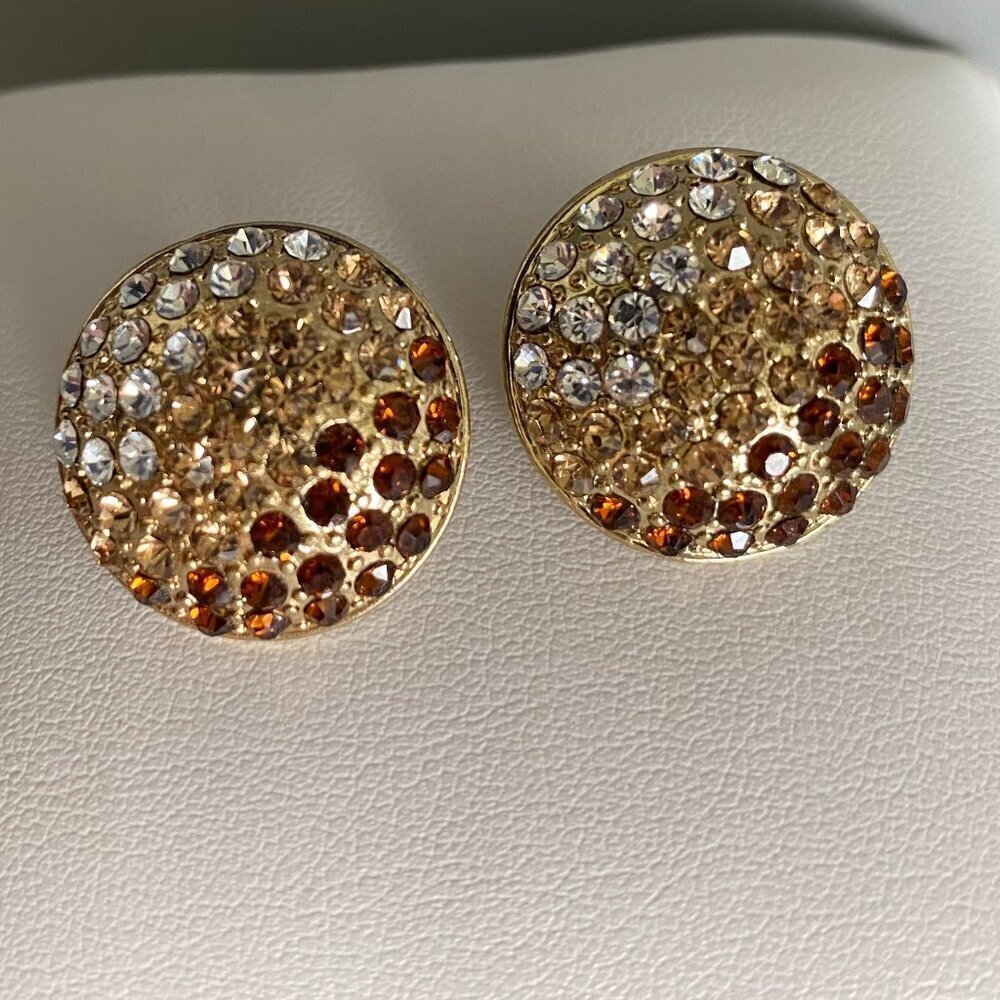 Sparkling Round Bronze Gold Clear Crystal Earrings​​​​​
